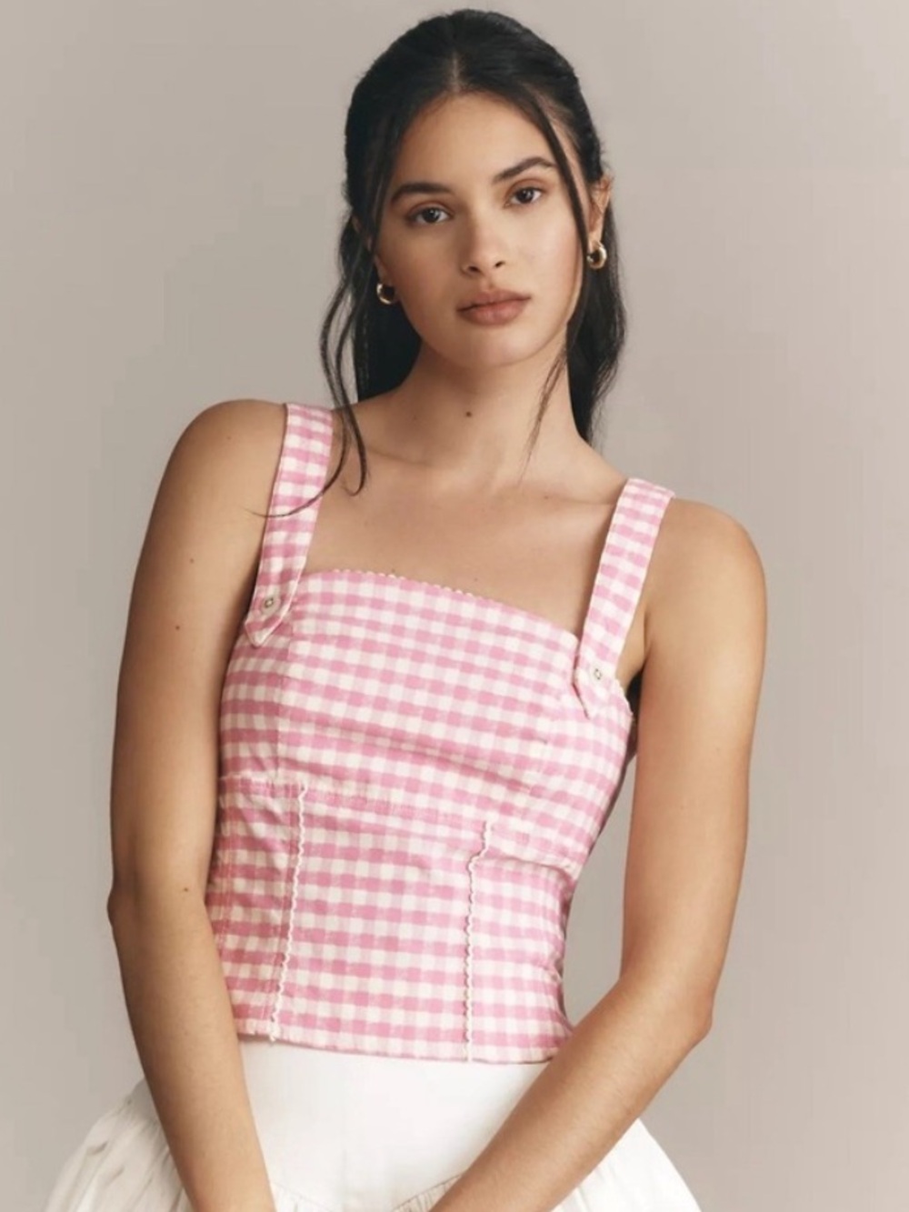 Maeve Pink White Gingham Cottagecore Square-Neck Corset Camisole Top XS